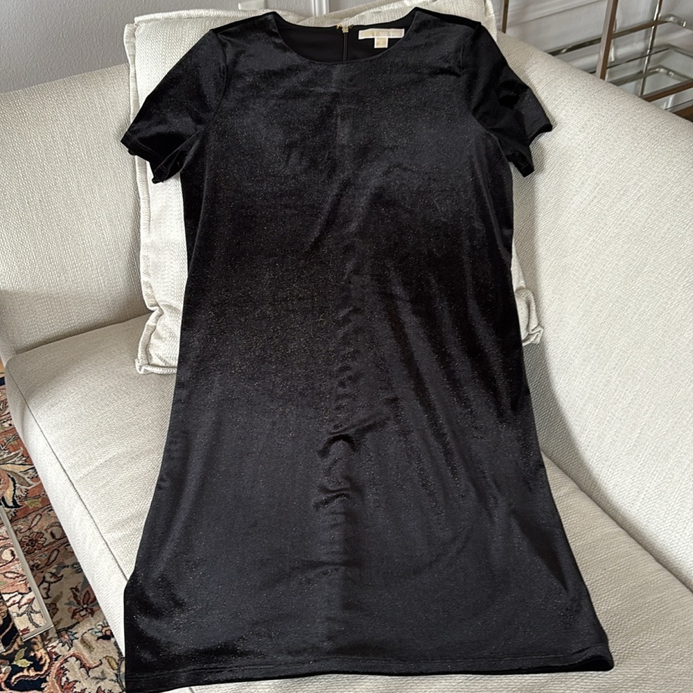 NWOT Michael Kors Black Velvety Gold Shimmer Sheath Mini Dress Size M